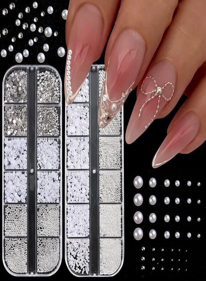 FSpronail Pearl 3D Nail Charms Rhinestone Silver Beads Multi Design 2Boxes,White Semicircle Pearls Jewelry Silvery Steel Ball Mixed Sizes Nails Decoration,Flatback Diamond Gems Women DIY Nail Ornament - Image 1